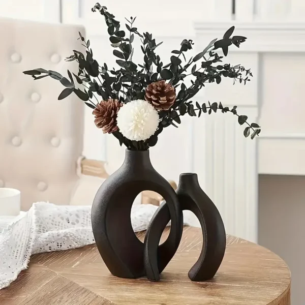 Ceramic Vase Set Of 2 For Modern Home Decor, Hollow Round Pampas Flower Vases, Boho Nordic Minimalism Style Flower Vases For Living Room Wedding Party Dinner Table Shelf Office Bedroom